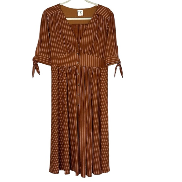 By Together brown cognac pin stripe vneck dress tie sleeve midi dress size Large - Picture 1 of 16